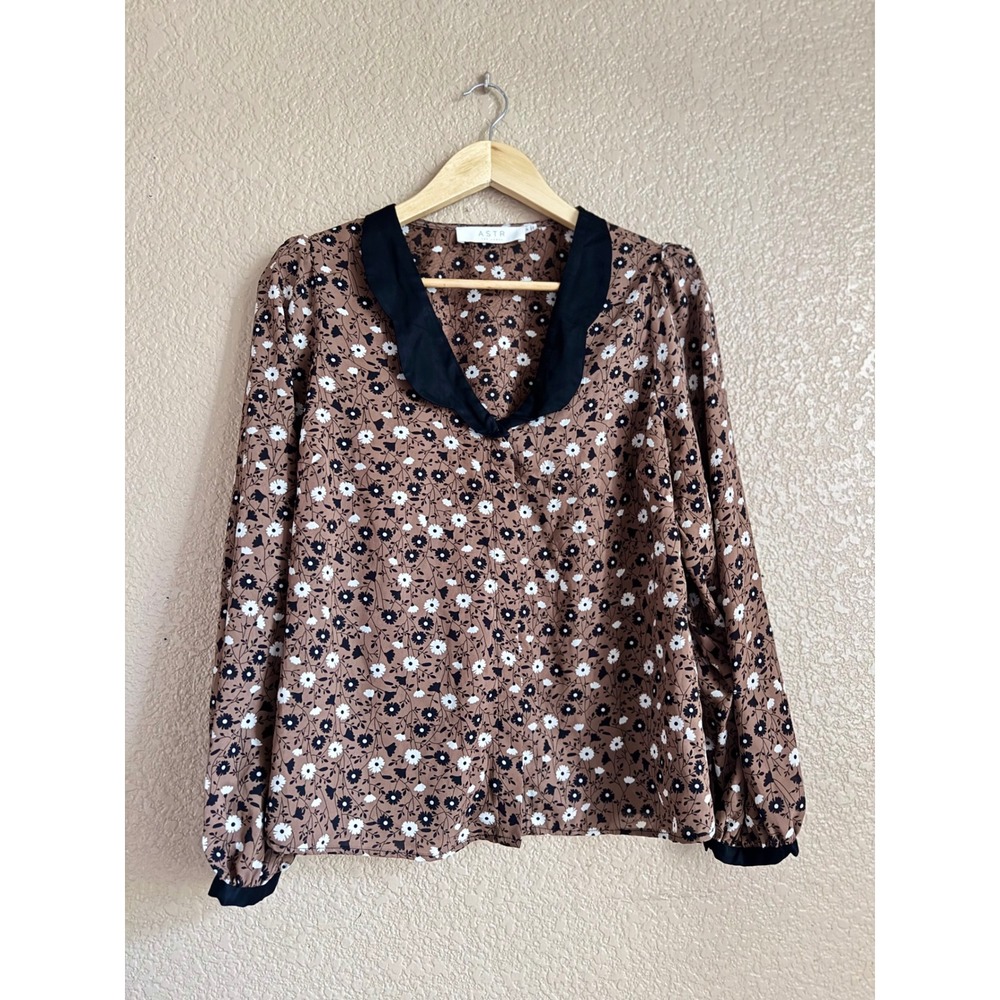 ASTR the Label Brown Black Floral Daisy Notched Collar Blouse Medium ACT16863